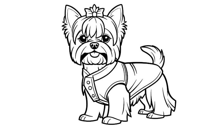 Small dog with collar and bow on head, black and white outline