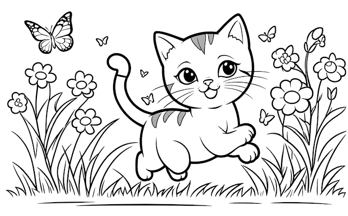 Cat running in field with butterflies, kids&#039; coloring page