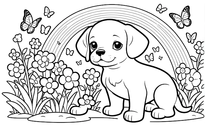 Puppy in grass with rainbow and flying butterflies, child&#039;s naive art coloring page