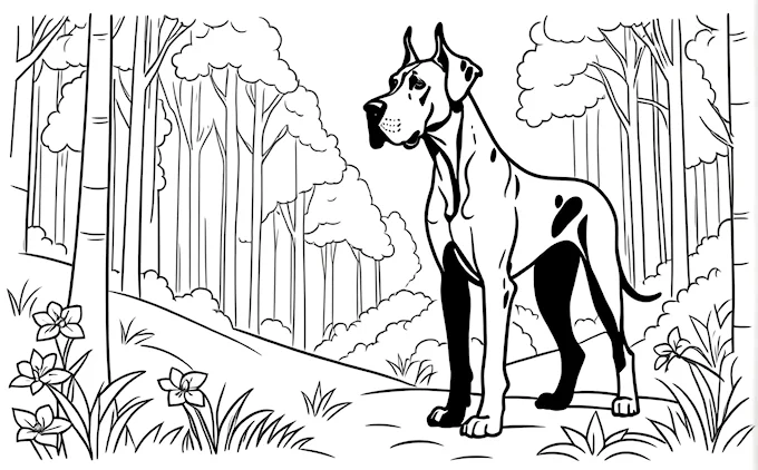 Dog standing in woods with trees and flowers