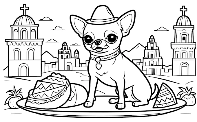 Chihuahua with hat and pumpkin in cityscape