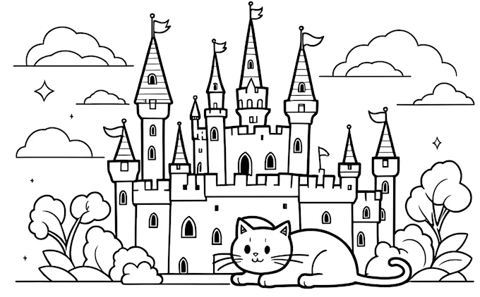 Cat in front of castle with turrets and towers, cloudy sky