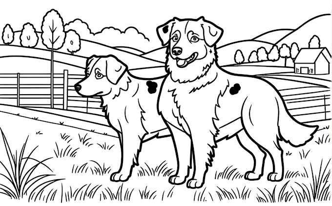 Two dogs in field with fence and farm