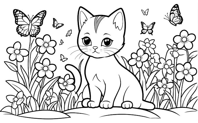 Cat in field of flowers and butterflies