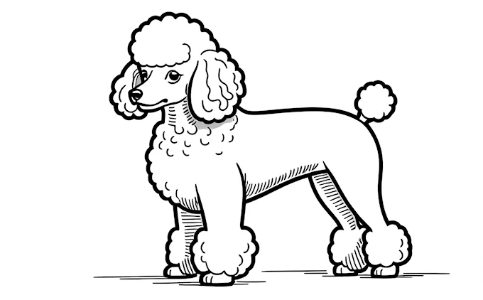 Cartoon poodle standing, line art coloring page in rococo style