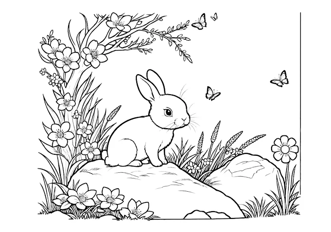Nature-inspired rabbit and insect coloring page