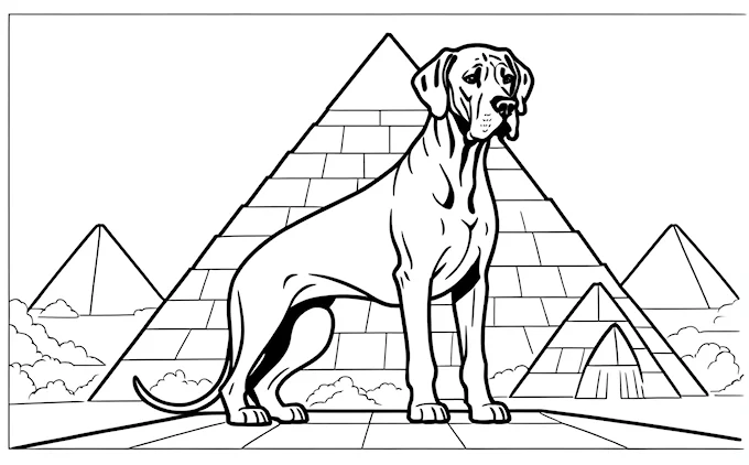 Dog sitting in front of pyramid with multiple pyramids behind