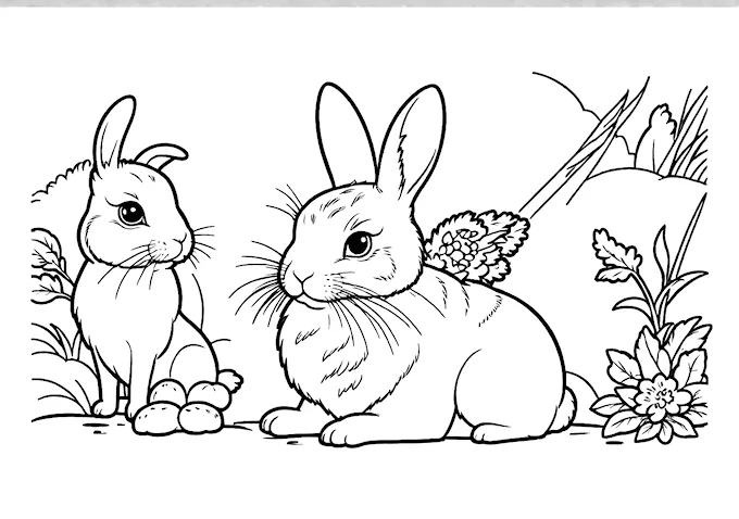 Cute bunny and small animal with carrots coloring page