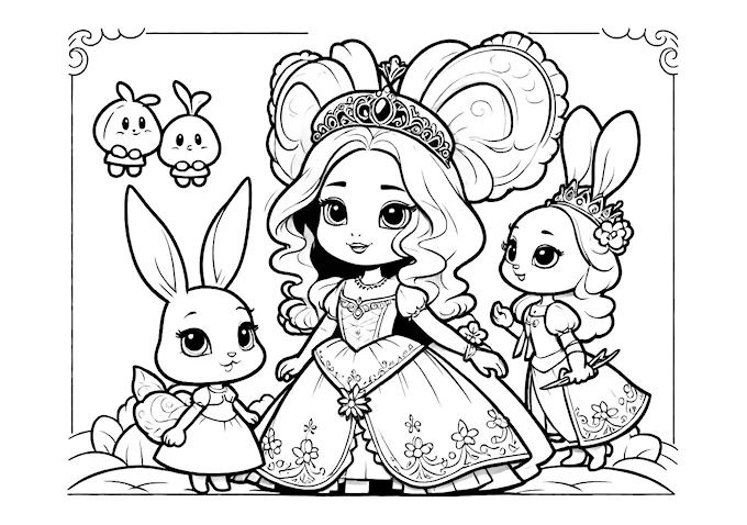 Fairy tale princesses with rabbits in an enchanting scene coloring page