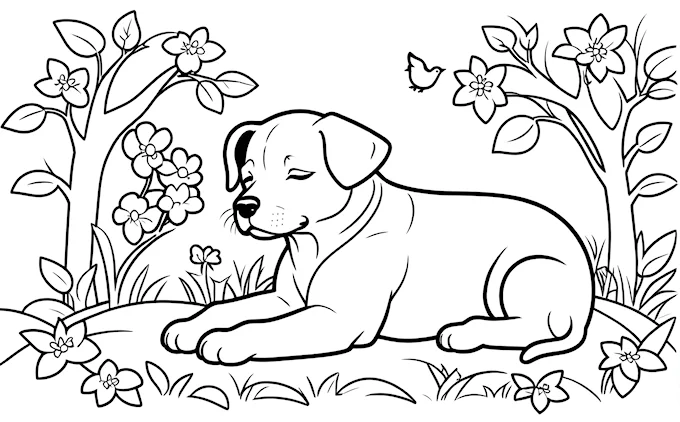 Dog laying in grass with flowers and butterflies