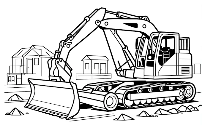 Construction vehicle with shovel, house and car in background, precisionism art