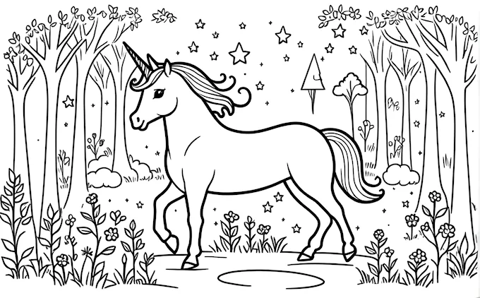 Unicorn in forest with trees, flowers, and stars, highly detailed digital art