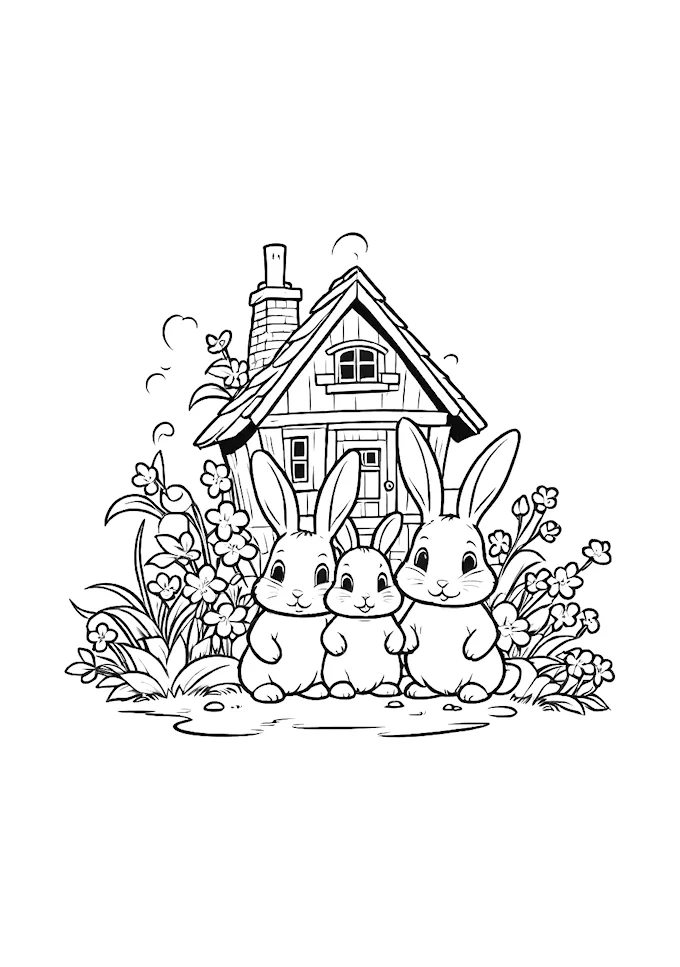 Three bunny rabbits in front of a small charming cabin