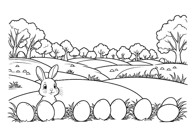 Bunny in meadow with Easter eggs coloring page