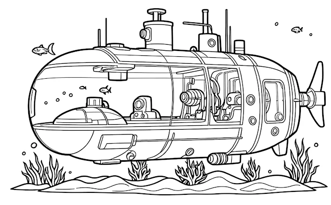 Submarine with another inside and fish below