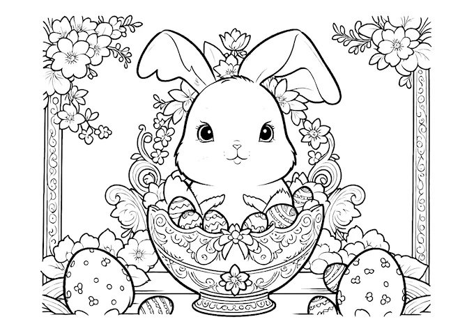 Easter rabbit in ornate basket with eggs, flowers, and chicks coloring page