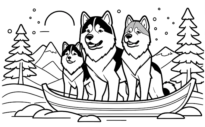 Dog in a boat with three other dogs, detailed coloring page for all ages