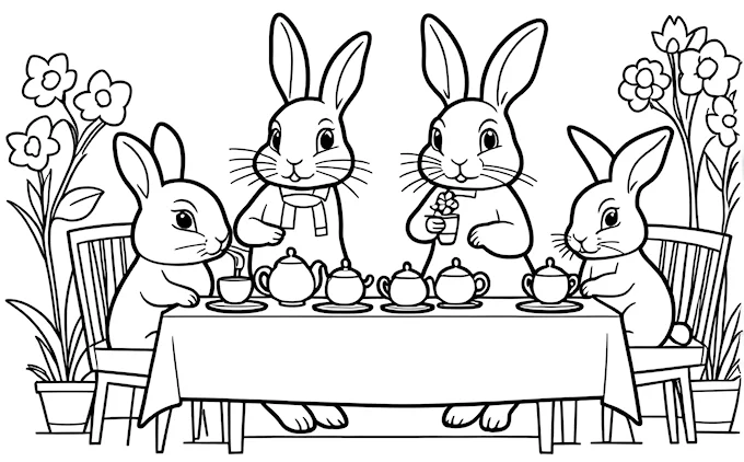 Table with three rabbits, teapot, cup, and floral background