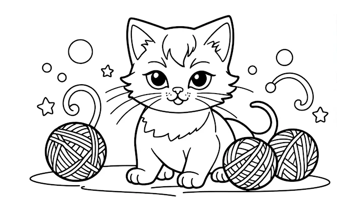 Cat with yarn balls in paws, coloring page
