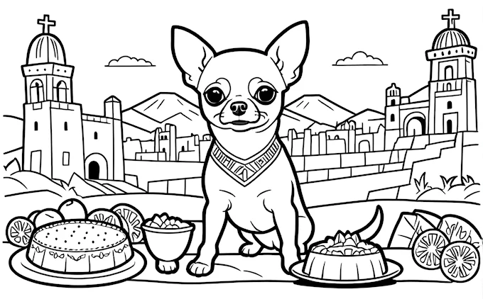 Chihuahua on table with food and castle background