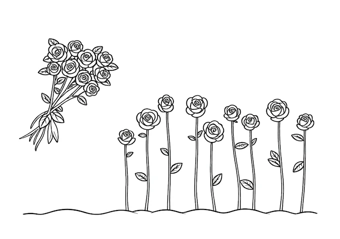 Black and white roses on stems coloring page