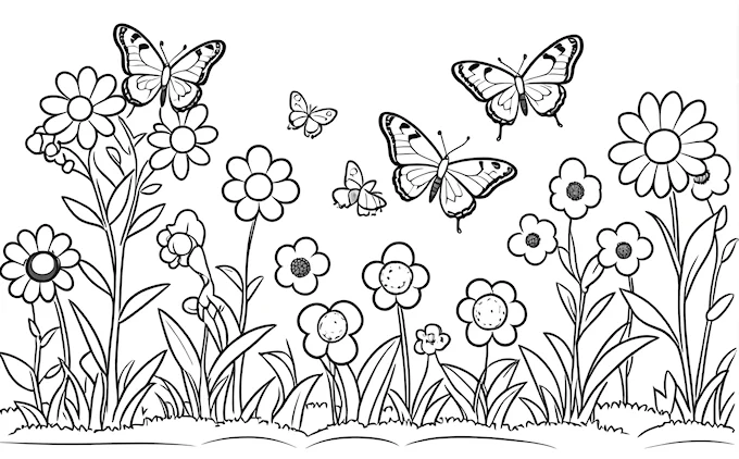 Field of flowers, butterflies, sky and clouds, black and white