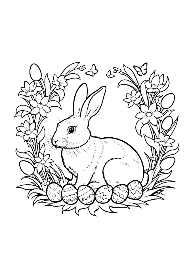 Black and white drawing of bunny with eggs in grass