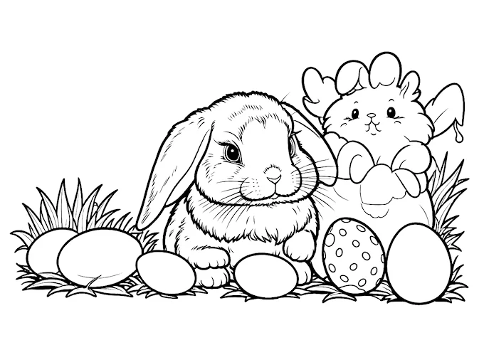 Bunny Rabbit Among Easter Eggs Coloring Page