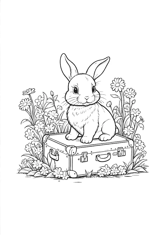 Bunny on an old suitcase in a garden setting coloring page