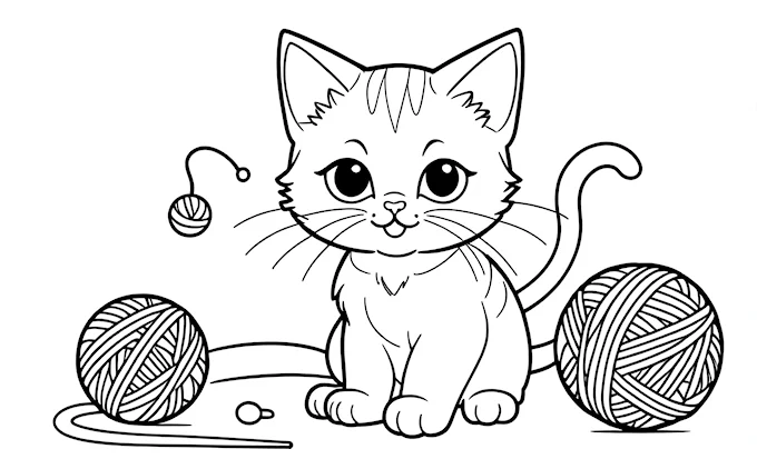Cat and ball of yarn in foreground and background, coloring page