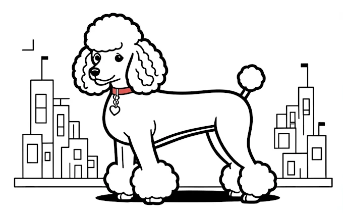 Poodle in front of city skyline, character portrait coloring page