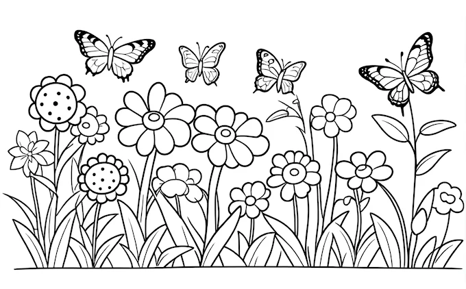 Flowers, butterflies, and lady bug, black and white