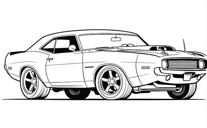 Muscle car with flat tires front and back, line art drawing
