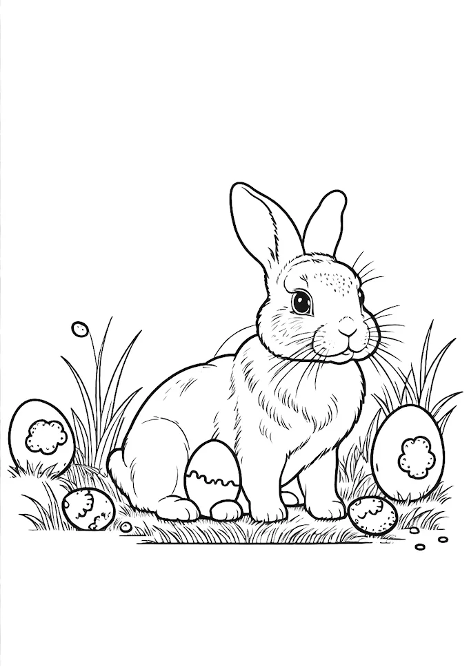 Cute bunny amidst shiny golden eggs in nature scene