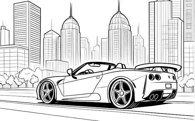 Cartoon car in city skyline, adult and children coloring page