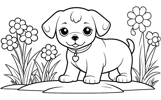 Puppy in grass surrounded by flowers