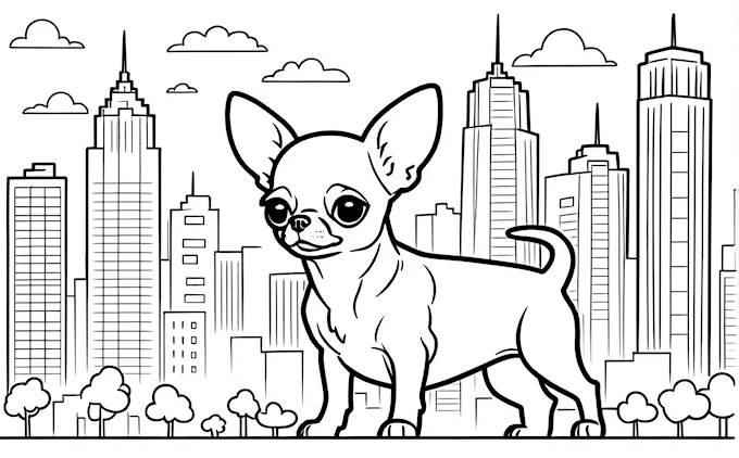 Chihuahua in front of city skyline