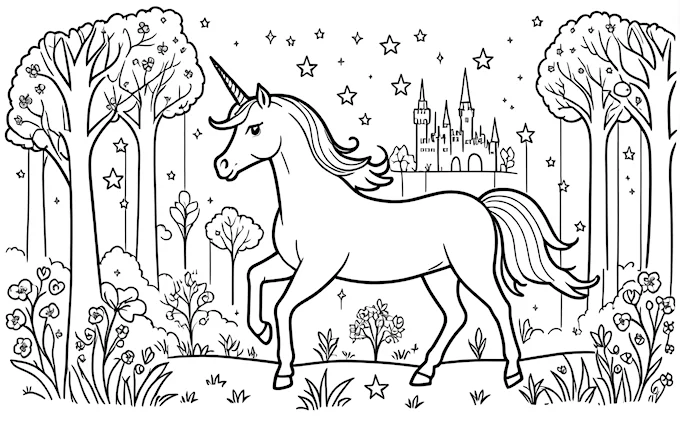 Unicorn in forest with castle, stars on head, adult and children&#039;s coloring page