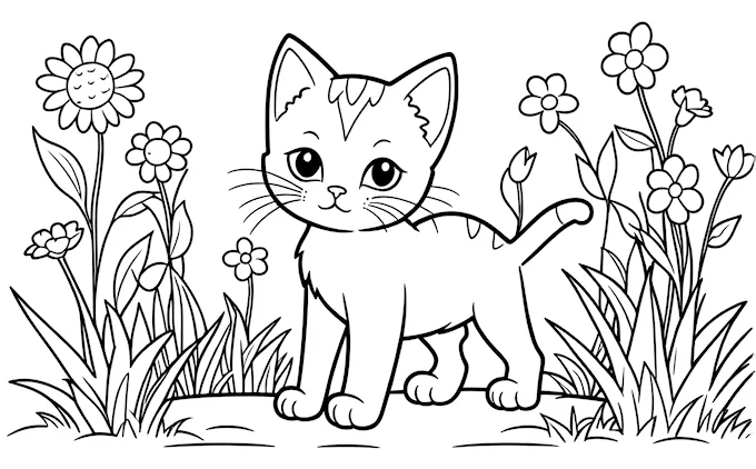 Cat standing in grass with flower, black and white line art