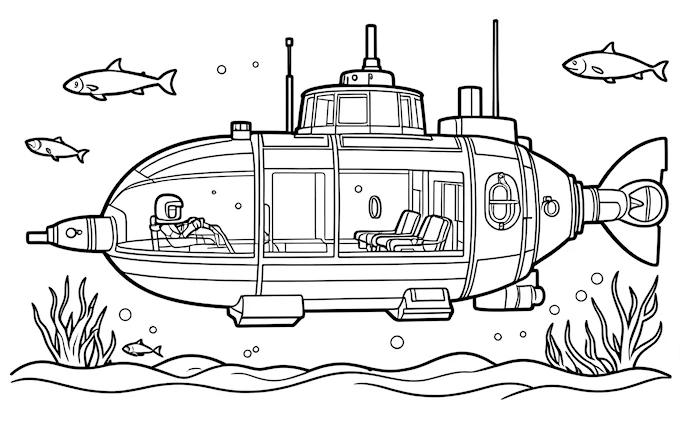 Submarine with man and fish, storybook coloring page