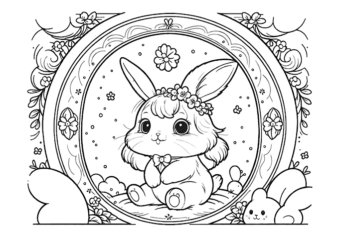 Bunny in front of ornate mirror with flowers and snowflakes coloring page