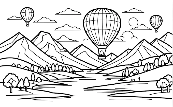 Hot air balloon over mountains, lake, and trees, coloring page