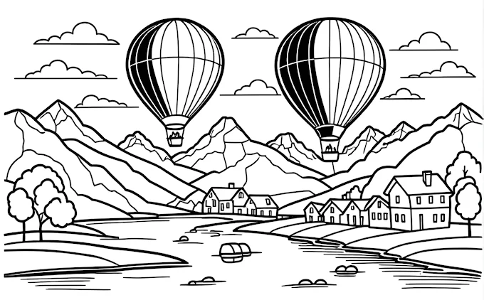 Two hot air balloons over mountain range, coloring page