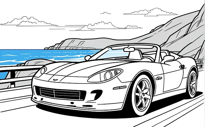 Sports car driving near ocean and mountains, detailed storybook illustration