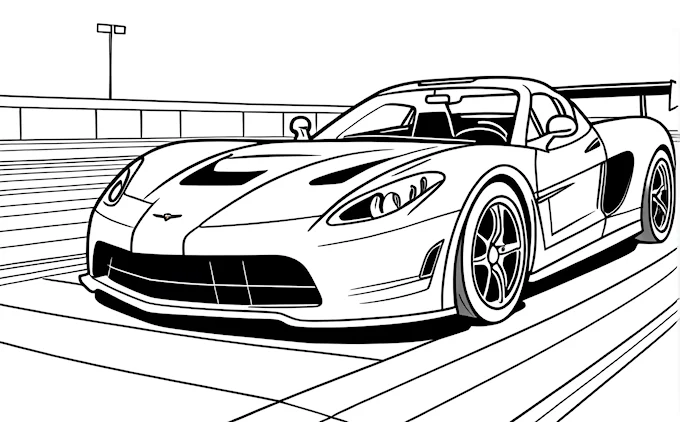 Sports car on track with light poles, black and white