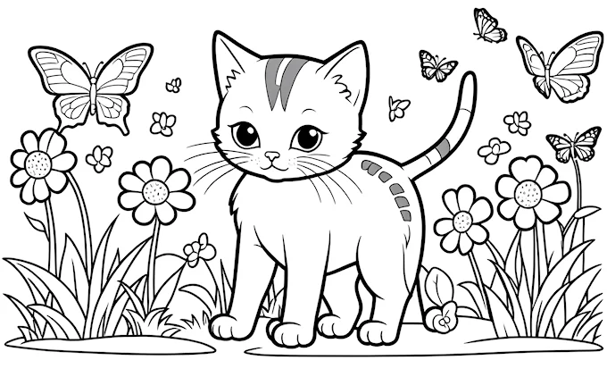 Cat in field with butterflies and flowers, black and white line art