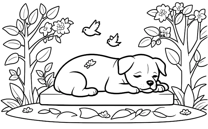 Dog laying on bench surrounded by birds and flowers, coloring page