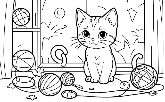 Cat sitting next to window with balls of yarn, coloring page