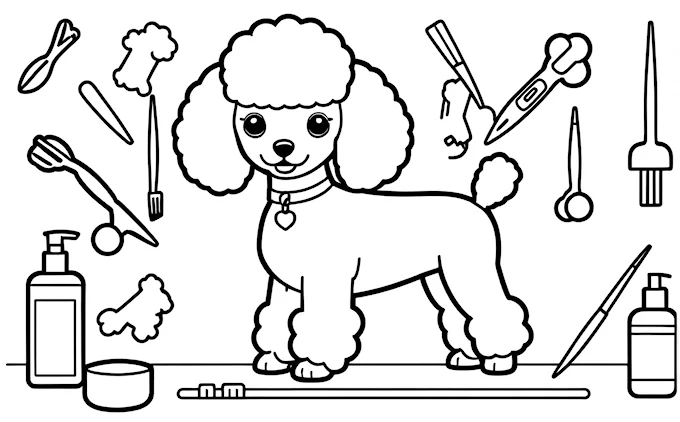 Poodle in front of kitchen counter with tools and bottles