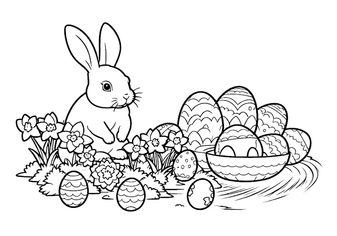 Easter Basket Scene Black and White Photo Coloring Page